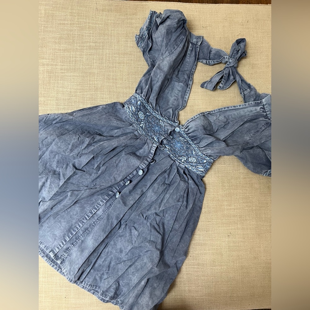 Agua Bendita embroidered blue mini empire line dress.